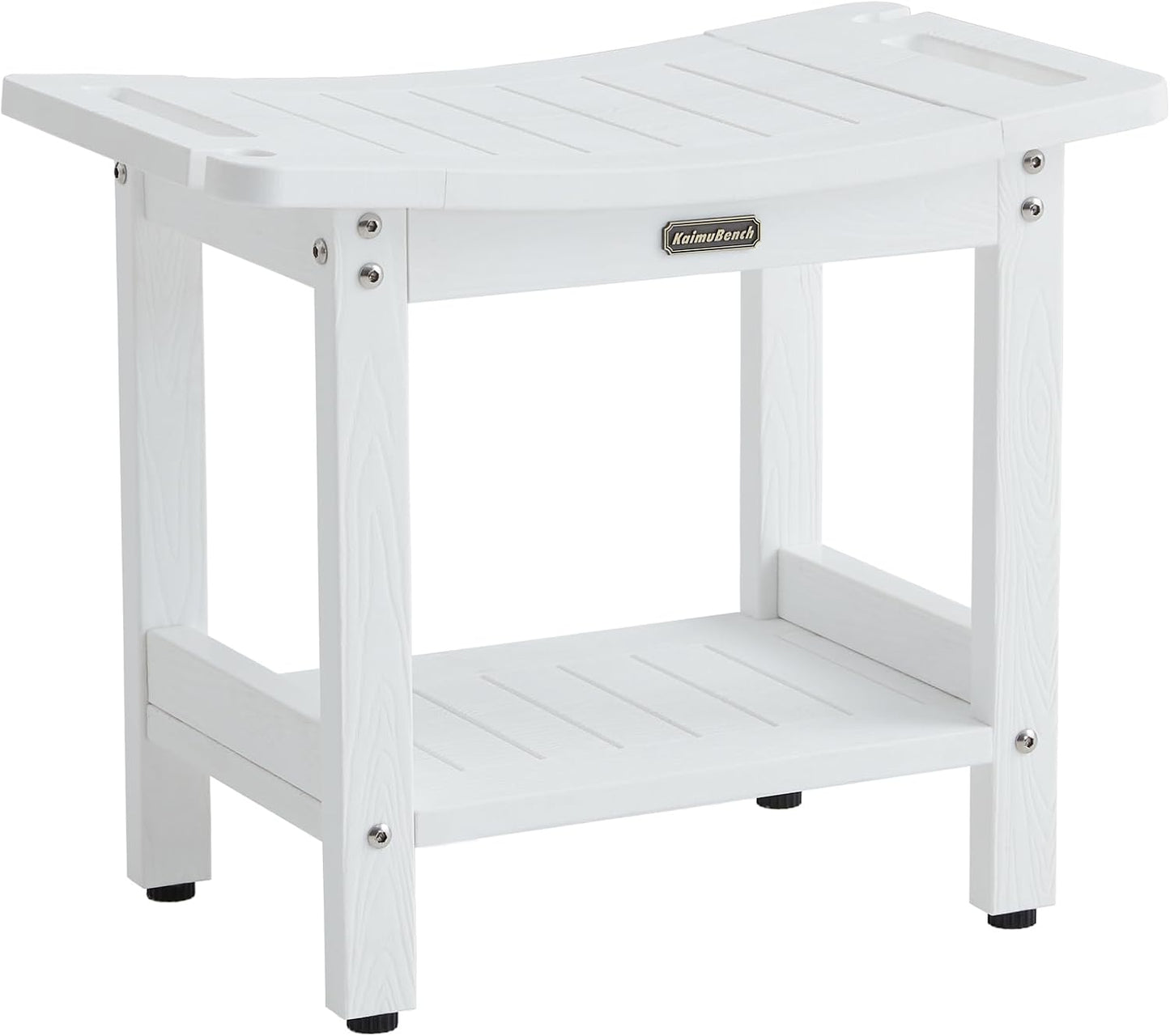 Waterproof Shower Bench, White Poly Shower Stool for Shaving Legs, Shower Chair Seat with Handles & Shower Head Holder, Plastic Bathroom Bench with Adjustable Feet for Inside Shower, Non-Slip