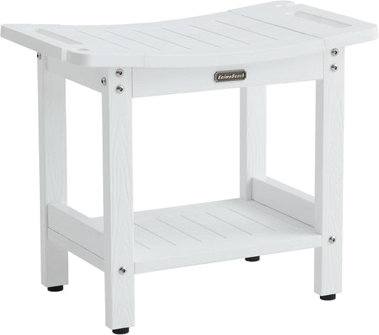 Waterproof Shower Bench, White Poly Shower Stool for Shaving Legs, Shower Chair Seat with Handles & Shower Head Holder, Plastic Bathroom Bench with Adjustable Feet for Inside Shower, Non-Slip