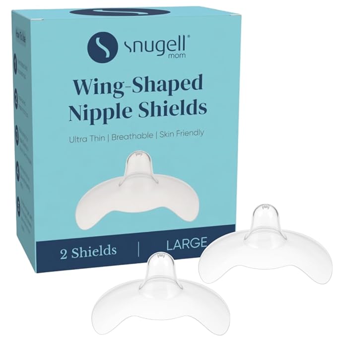 Snugell Wing-Shaped Nipple Shields Large| Ultra-Thin Silicone Shields for Nursing | 2-Pack with Protective Case | Designed for Use with Flat or Inverted Nipples