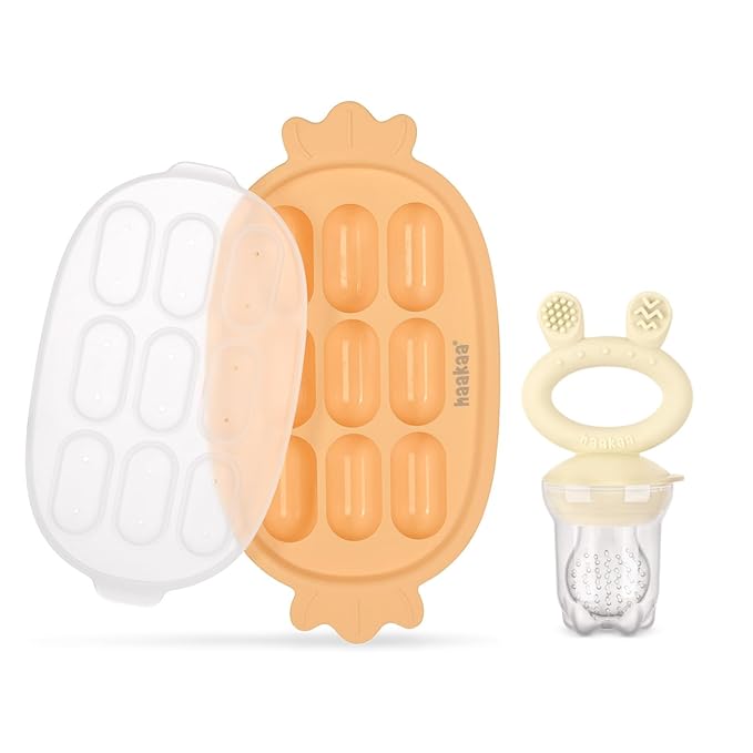 Haakaa Baby Fruit Food Feeder & Silicone Freezer Nibble Tray Combo - Breastmilk Popsicle Mold for Baby Cooling Relief, BPA Free Baby Mesh Food Feeder for Infant Self Feeding - Marigold