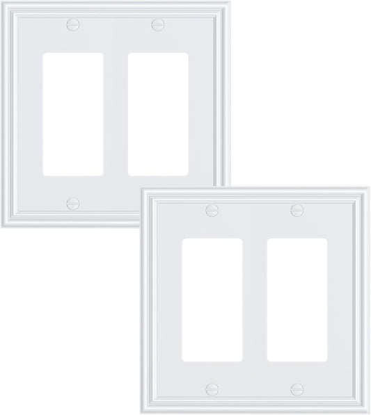 2-Pack Decorative Double Decorator Outlet Cover Plate, Durable Zinc Alloy Pure White Wall Plates for Electrical Outlets, Receptacle, GFCI Outlet, Dimmer Switch, 2-Gang, Corrosion Resistant