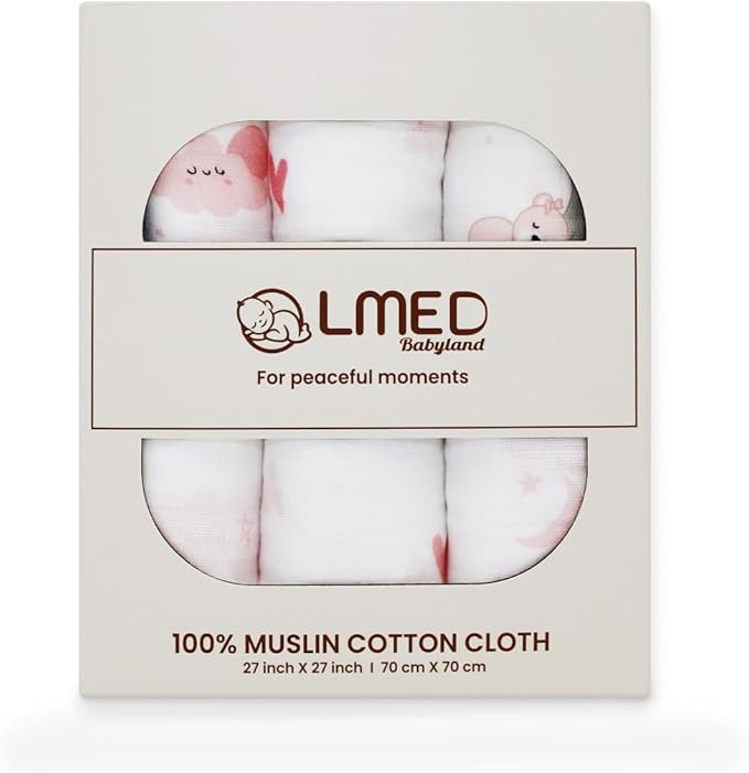 100% Muslin Cotton Baby Receiving Cloths, 3-Pack, 27x27 in (70x70cm), Soft & Gentle for Newborns, Sensitive Skin Safe, For Feeding, Burping & Comfort, 0+ Months (Hearts/Teddy Bear/Clouds)
