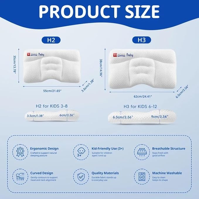 Toddler Pillow with Pillowcase, Breathable & Cozy Machine Washable Kids Pillow with Pillowcase, 21.6x13.8 Ergonomic Children Pillow for Boys and Girls Aged 6-12 (Blue, Height 3)