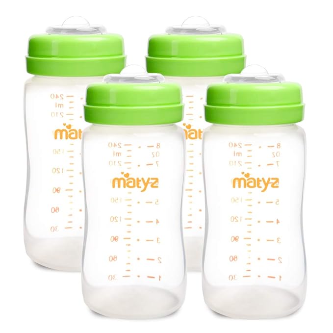 Matyz 4-PACK Breastmilk Storage Bottles With Lids (Green, 8oz Each) - Wide Mouth Breastmilk Collection Storage Bottle - Leakproof Breast Pump Bottle for Spectra Medela Philips Breast Pumps