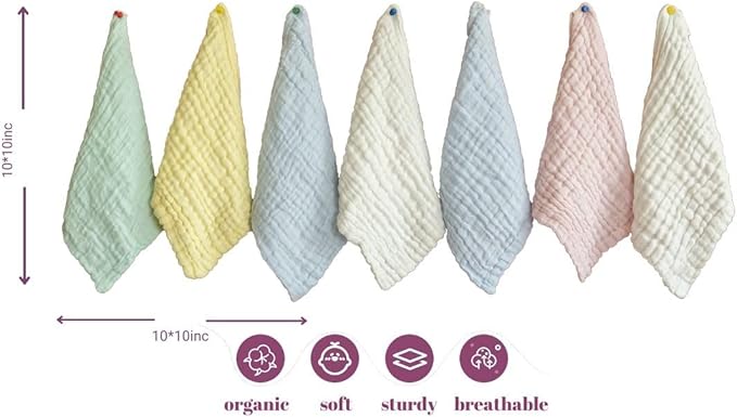 Muslin Baby Washcloths Pack of 7 - Soft Sweat Cloths for Newborn, Absorbent Baby Bath and Face Towels, 100% Cotton Baby Wipes,Burp Cloths,Feeding Towels for Babies and Infants,Solid-10 x 10’’