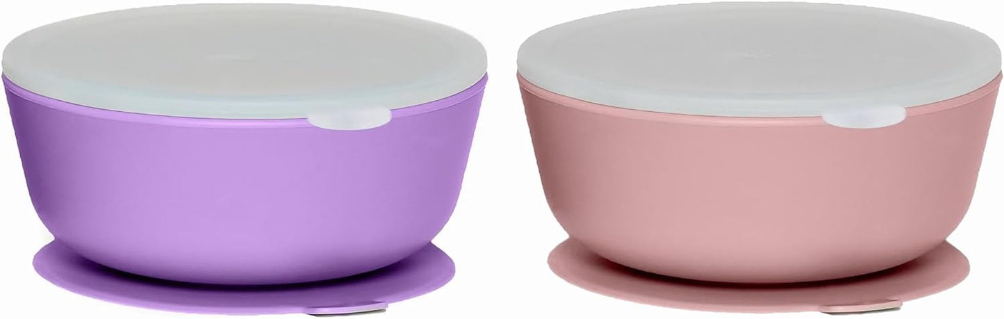 WeeSprout Suction Bowls for Baby & Toddlers (Set of 2) - 100% Silicone w/Plastic Lid - Leak Proof Feeding Supplies - Dishwasher & Microwave Safe Infant Dinnerware w/Extra Strong Base