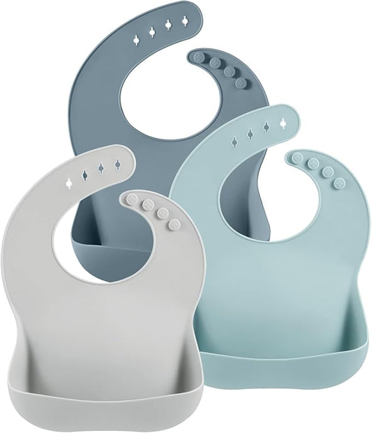 PandaEar 3 Pack Silicone Bibs for Boys Girls for Babies & Toddlers, Waterproof Feeding Bib with Large Food Catcher, BPA Free