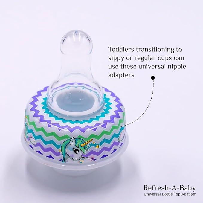 Refresh-a-Baby Reusable Bottle Top Nipple Adapter – Instantly Convert Any Bottle into a Sippy with Soft Silicone Nipples – Ideal for On-The-Go Feeding, BPA-Free, & Easy to Clean Pack of 2 (Unicorn)