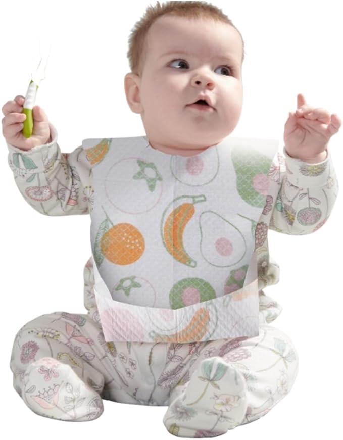 SUNVENO Disposable Baby Bibs with Crumb Catcher Pocket, Leakproof Liner, Adjustable Adhesive Tabs, Individually Wrapped