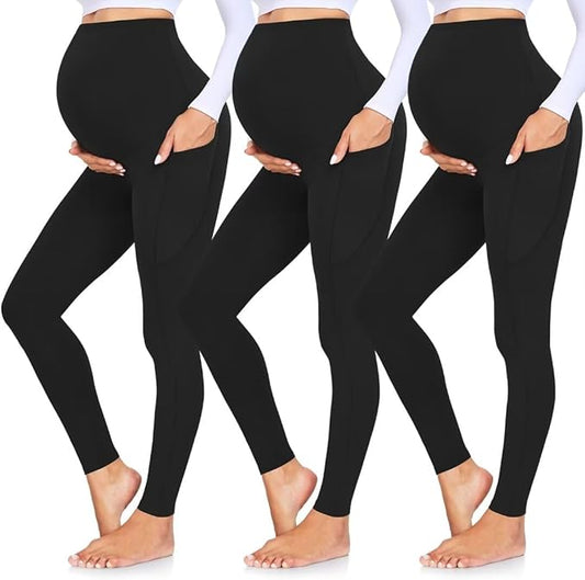 GROTEEN 3 Pack Women's Maternity Leggings with Pockets Over The Belly Workout Yoga Pregnancy Pants