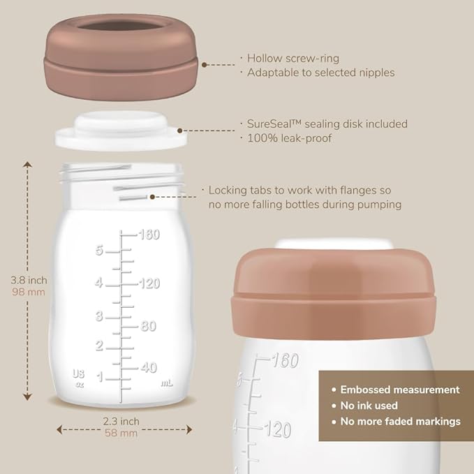 Maymom Wide Neck Breastmilk Collection n Storage Bottle 5.4 oz; Re-markable SureSeal Disc. Fits Spectra S2 Spectra S1 9 Plus.