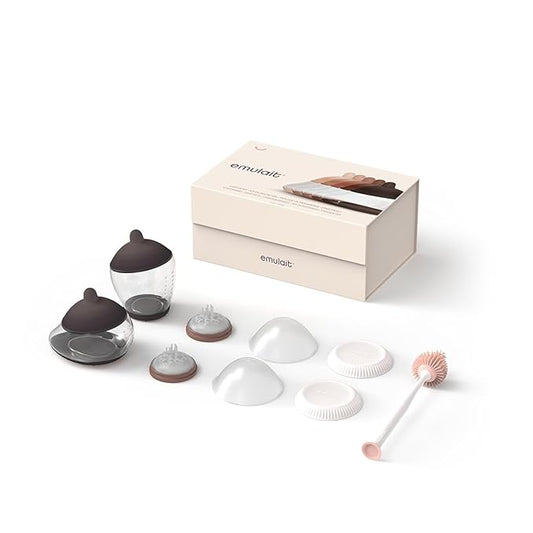 Emulait Baby Bottle Starter Kit Includes 2 Bottles 2 Nipples 2 Caps 2 Lids 2 Responsive Flow Valves, Cleaning Brush - Rich - Shape 2-RFV