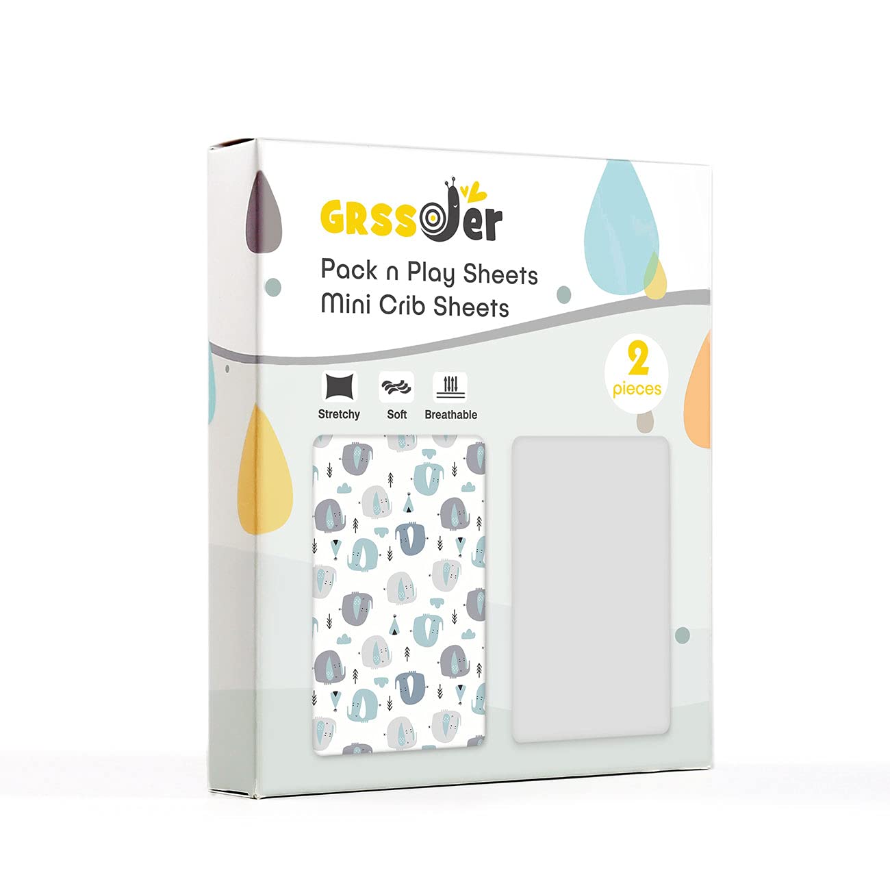 GRSSDER Stretchy Ultra Soft Jersey Knit Fitted Pack n Play Sheets Set 2 Pack, Portable/Mini Cribs Playards Sheets with Deep Pocket, Cute Elephant for Girls and Boys