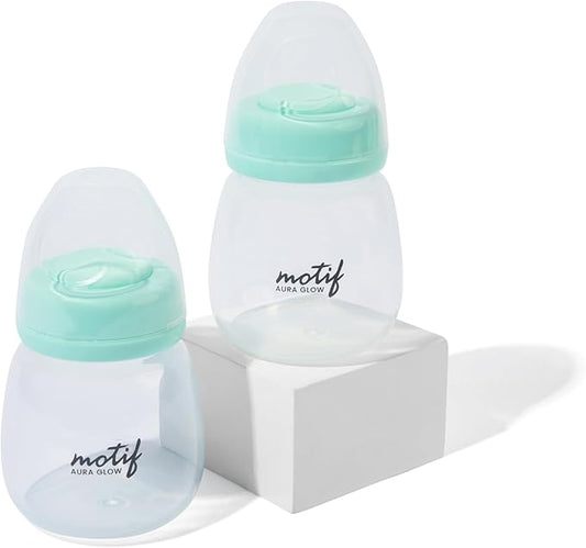 Motif Medical Breast Milk Storage Bottles for Aura Glow Breast Pump - Durable Plastic Breastfeeding Essentials w/Disks, Covers & Nipple Caps - Breast Milk Container (Set of 2, 6oz)