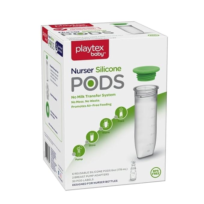 Playtex Baby Nurser Reusable Silicone PODS, 6 Oz (6 Count), Anti-Colic, Gas Reduction, Connects to Breast Pump, Freezer Friendly, Feeding Essentials for Newborn and Breastfeeding Babies