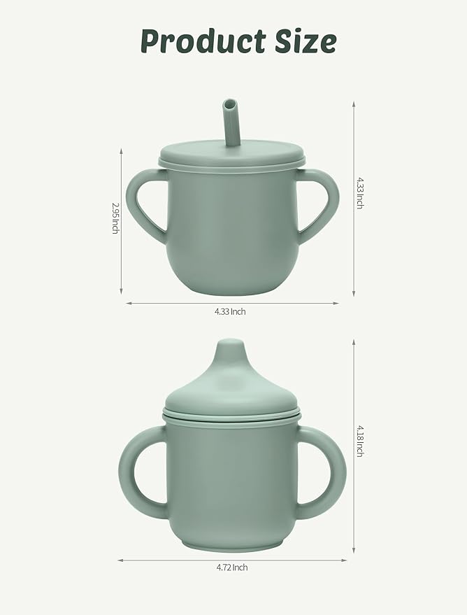 Silicone Toddler Cups Set, 2 Straw Cups and 2 Sippy Cups for 6+ Months Baby, Leakproof Spillproof Training Cups with Handles, Easy Clean (Green+Pink)