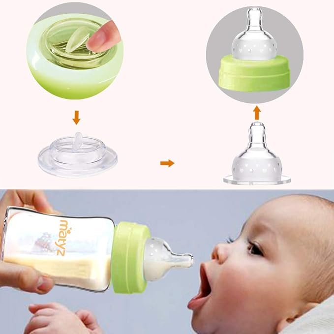 Matyz Glass Breastmilk Storage Bottles, 6 Pack, 8 oz, Compatible with Spectra Medela Pump - Store, Freeze, Warm Up Milk Well - Large Breastmilk Storage Containers - No BPA (3 Green & 3 Blue Lids)