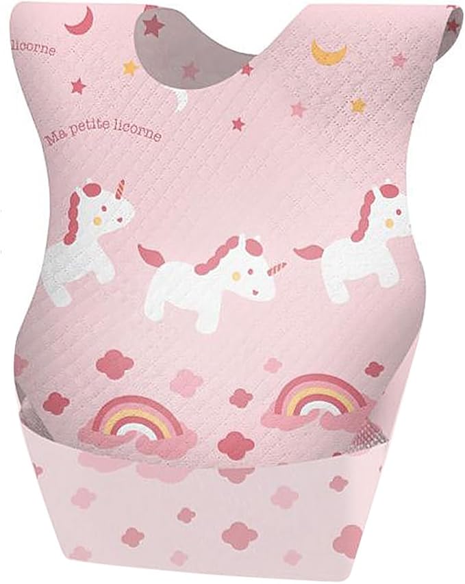 SUNVENO Disposable Baby Bibs with Crumb Catcher Pocket, Leakproof Liner, Adjustable Adhesive Tabs, Individually Wrapped