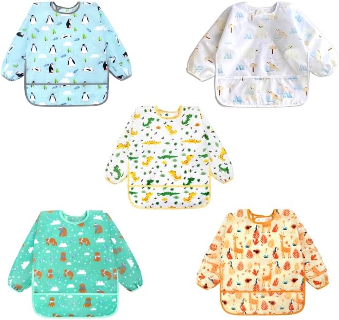 Accmor 5 Pack Long Sleeve Bibs, Baby Smock Waterproof Sleeved Bib Smock for Baby Toddler 6-36 Months