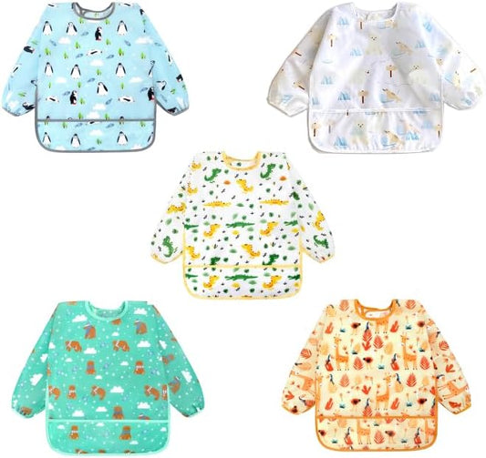 Accmor 5 Pack Long Sleeve Bibs, Baby Smock Waterproof Sleeved Bib Smock for Baby Toddler 6-36 Months