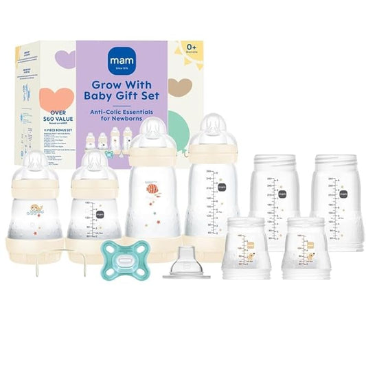 MAM Grow with Baby 15-Piece Gift Set, Newborn 0-4 Months, Anti-Colic Bottles and Silicone Nipples SkinSoft, Newborn Essentials Must Haves, Unisex