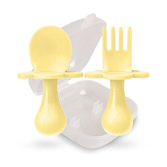 Grabease Baby Feeding Utensils Set - Infant and Baby Fork and Spoon for Ages 1-11 Months, BPAs and Phthalate-Free Cutlery, Plastic, 1 Set, Yellow