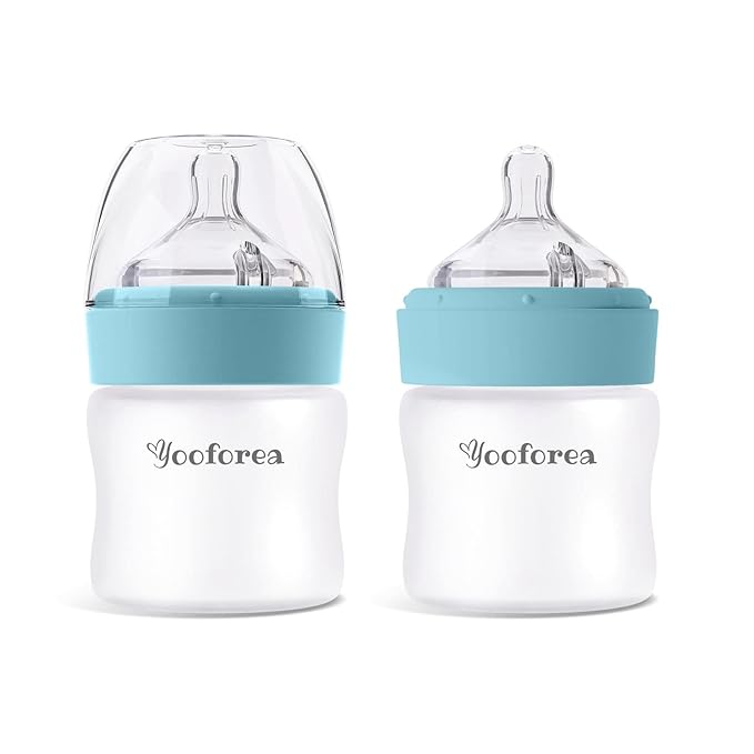 Yooforea Silicone Coated Glass Baby Bottle, 0M+ Slow Flow Nipple I Anti-Colic, Wide Neck, Stable Base I Medical-Grade Silicone Coating for Shatter Protection, BPA BPS PVC Free (2 Pack, 3 Ounce-Fog)