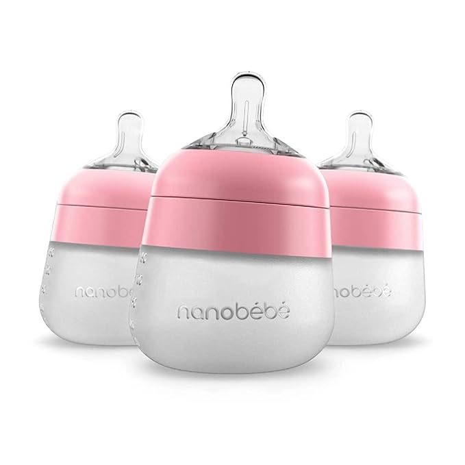 Nanobebe Flexy Silicone Baby Bottle, Anti-Colic, Natural Feel, Non-Collapsing Nipple, Non-Tip Stable Base, Easy to Clean 3-Pack, Pink, 5 oz