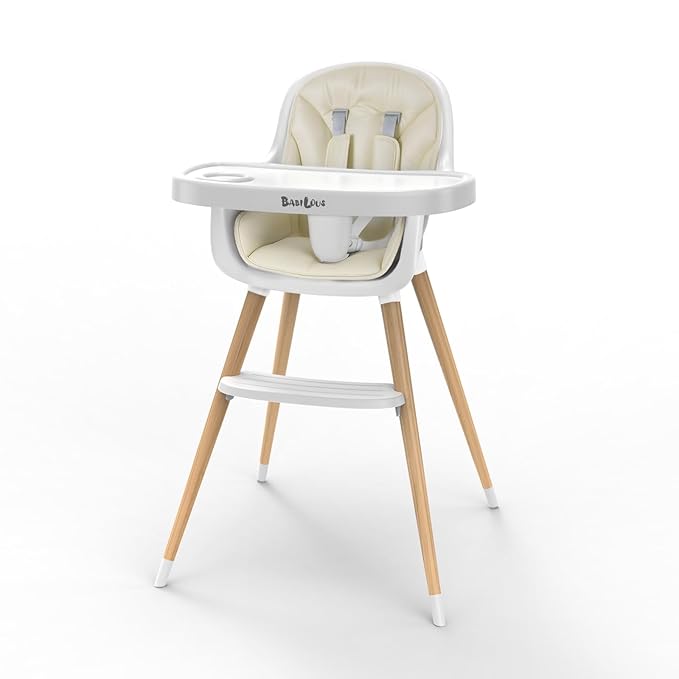 Baby High Chair, Wooden Highchair with Removable Tray, Adjustable Legs, Cushion, 5-Point Harness and Footrest for Infants, Baby, Toddlers, Cream