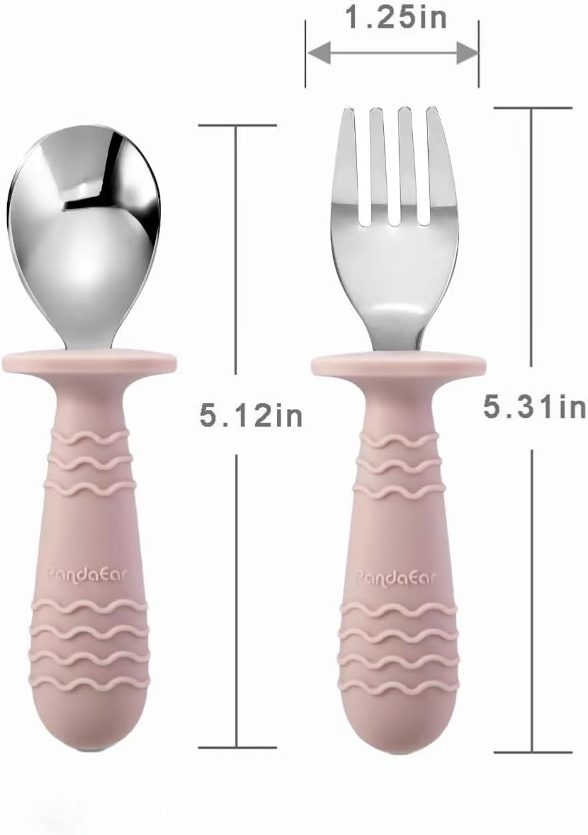 PandaEar 4 Set Baby Toddler Silicone Stainless Steel Utensils Silverware Spoon Fork for Baby Toddler BPA Free with Silicone Holding Anti-Choke Design (Pink&Grey)