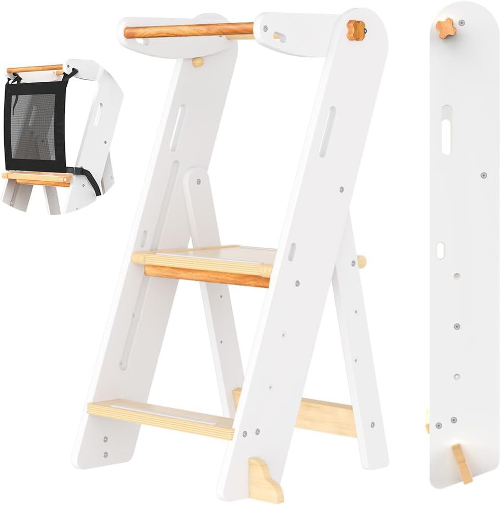 GROWNSY Foldable Toddler Tower, Toddler Kitchen Standing Helper, Kids Learning Tower with 3 Adjustable Heights and Safety Net for Kitchen Bathroom Sink Counter (White)