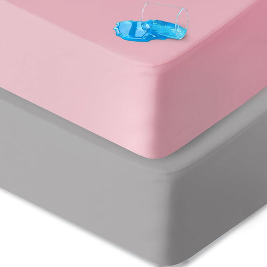 Crib Sheets Waterproof 2 Pack, Crib Mattress Protector, Toddler Fitted Crib Sheet Neutral, Ultra Soft & Breathable Toddler Bed Sheets for Boys and Girls, Grey & Pink