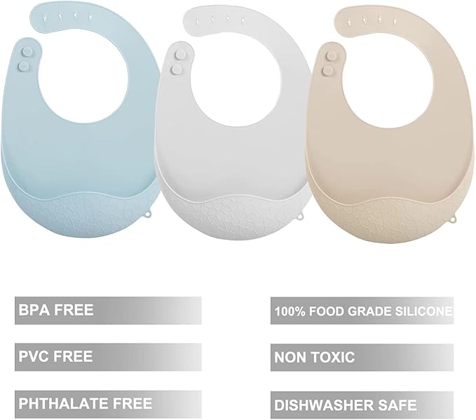 PandaEar 3 Pack Super Light Silicone Baby Bib for Boys Girls| Waterproof Baby Bibs with Pocket Food Catcher, Soft Adjustable Silicone Feeding Bibs