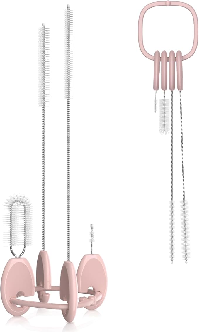 YOTIME Standing Straw Cleaner Brush Set, 4in1 Reusable Straw Brushes with Holder Ring, for Wide and Narrow Straws, Tumblers, Water Bottles and Cups, Pink