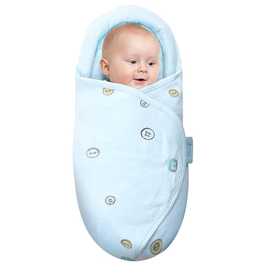Premium Soft Cotton Baby Swaddle Blankets, Unisex Baby Blanket Wrap for Newborn Baby Boys Girls, Skin Friendly Wearable Swaddling Sleep Sack Calms Startle Reflex (Button, Blue, 0-3 Months)