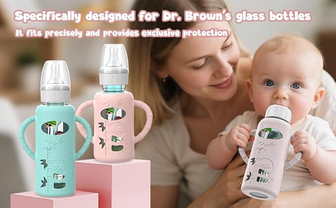 3 PCS Dr Brown Glass Bottles Silicone Sleeves, Compatible with Dr Browns Glass Bottles 4 oz, Anti-Drop Dr Brown Baby Bottles Sleeves with Handles, Heat-Insulating and Easy to Clean
