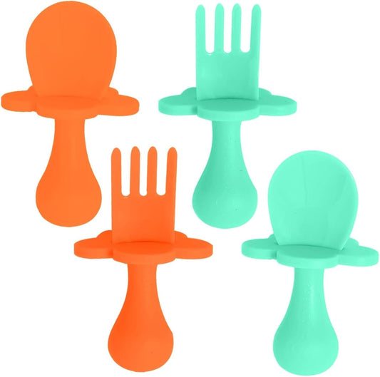 Grabease Baby Spoons and Forks Utensils for Toddlers Infants BPA-Free & Phthalate-Free Baby Silverware, 2 Sets, Mint and Orange - Toddler Spoon