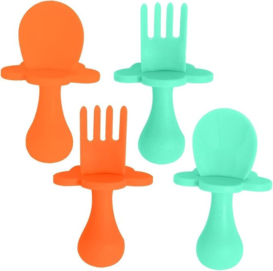 Grabease Baby Feeding Utensils Set - Infant and Baby Fork and Spoon for Ages 1-11 Months, BPAs and Phthalate-Free Cutlery, 2 Sets, Mint and Orange