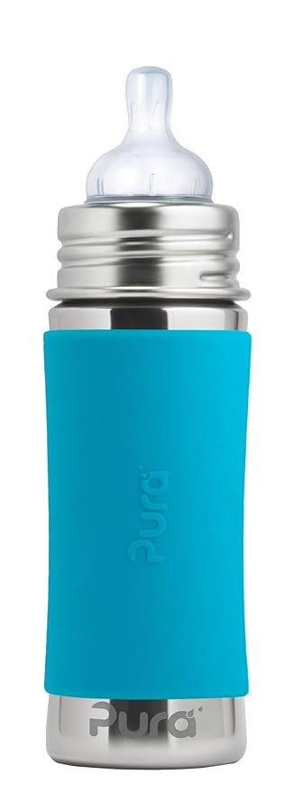 Pura Kiki 9oz/275ml Stainless Steel Infant Bottle w/Sleeve, Anti-Colic, 100% Plastic-Free, MadeSafe Certified, Medical-Grade Silicone, Medium-Flow Nipple, for Babies 3 Months & Up - Aqua