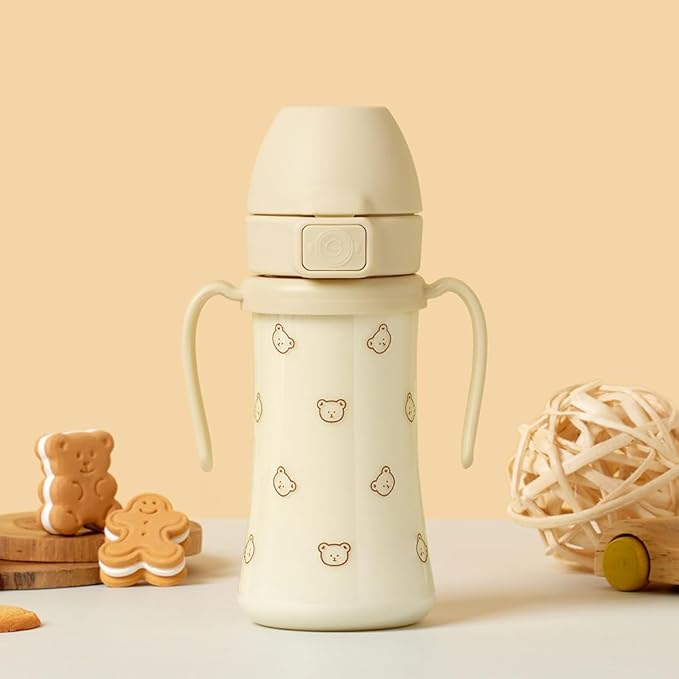 GROSMIMI Flip Top Spill Proof Sippy Cup, PPSU, BPA Free, 10 oz, Stage 2 Straw for Toddlers (Bear)