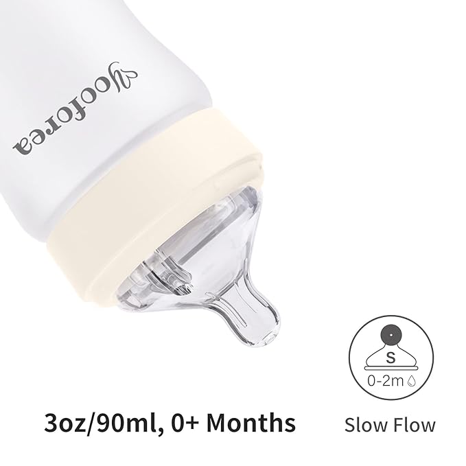 Yooforea Silicone Coated Glass Baby Bottle, 0M+ Slow Flow Nipple I Anti-Colic, Wide Neck, Stable Base I Medical-Grade Silicone Coating for Shatter Protection, BPA BPS PVC Free (3 Ounce-Cream)