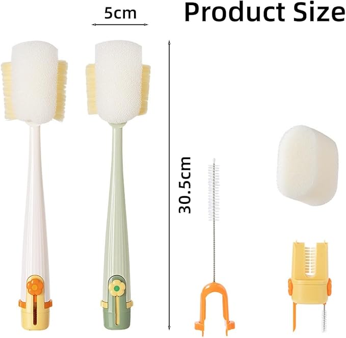 5 in 1 Bottle Cleaning Brush Set, Multifunctional Bottle Cleaning Brush Set, Water Bottle Cleaner Brush, Straw Cleaner Brush for Baby Bottles, 3 Replacement Sponge Brush Heads (White)