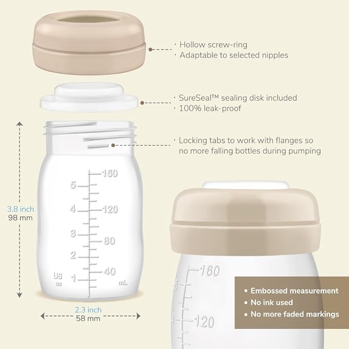 Maymom Wide Neck Breastmilk Collection n Storage Bottle 5.4 oz; Re-markable SureSeal Disc. Fits Spectra S2 Spectra S1 9 Plus.