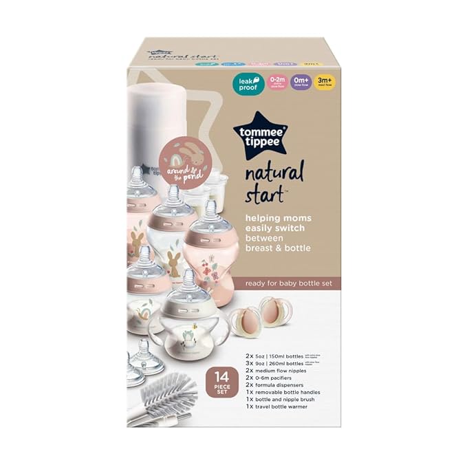 Tommee Tippee Electric Steam Sterilizer and Dryer & Natural Start 14 Piece Baby Bottle, Travel Bottle Warmer & Pacifier Set with Extra Nipples, 2 Formula Dispensers & Bottle Brush, Pink & Clear