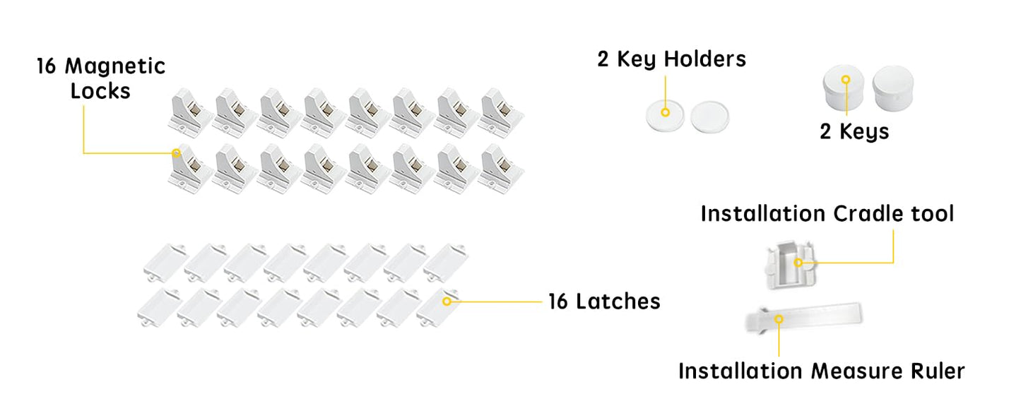 16 Pack Child Safety Magnetic Cabinet Locks - Vmaisi Children Proof Cupboard Baby Locks Latches - Adhesive for Cabinets & Drawers and Screws Fixed for Protection
