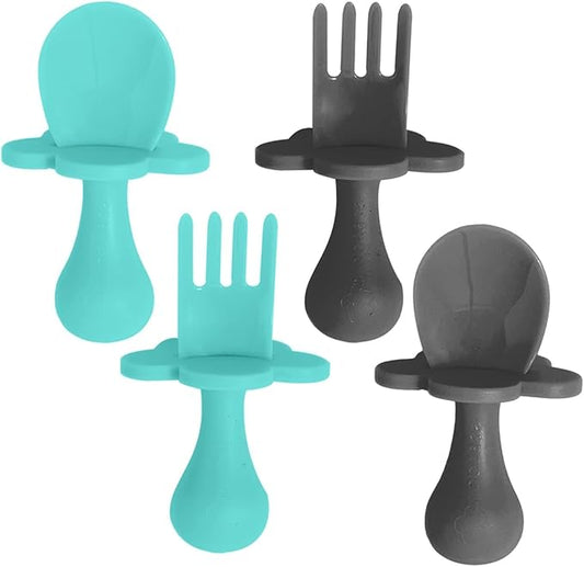 Grabease Silicone Baby Feeding Utensil Set - Self-Feeding Forks For Baby - Forks & Spoon, Ages 6-12 Months - Dishwasher-Safe Infant Spoon & Utensil - Teal & Gray, Pack of 2