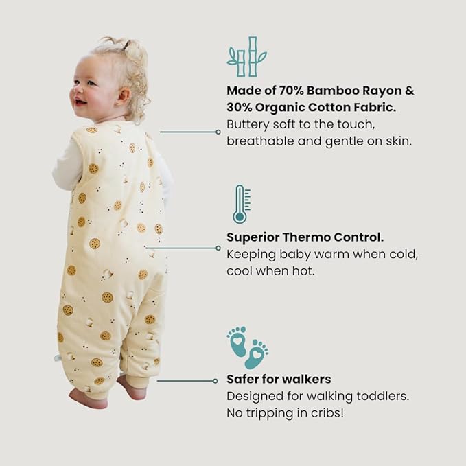 Tealbee Dreamsuit Toddler Sleep Sack with Feet – Walker Sleep Bag with Legs, Rayon made from Bamboo, Winter 1.5 TOG, 2-Way Zipper, 2T-3T - Cookies