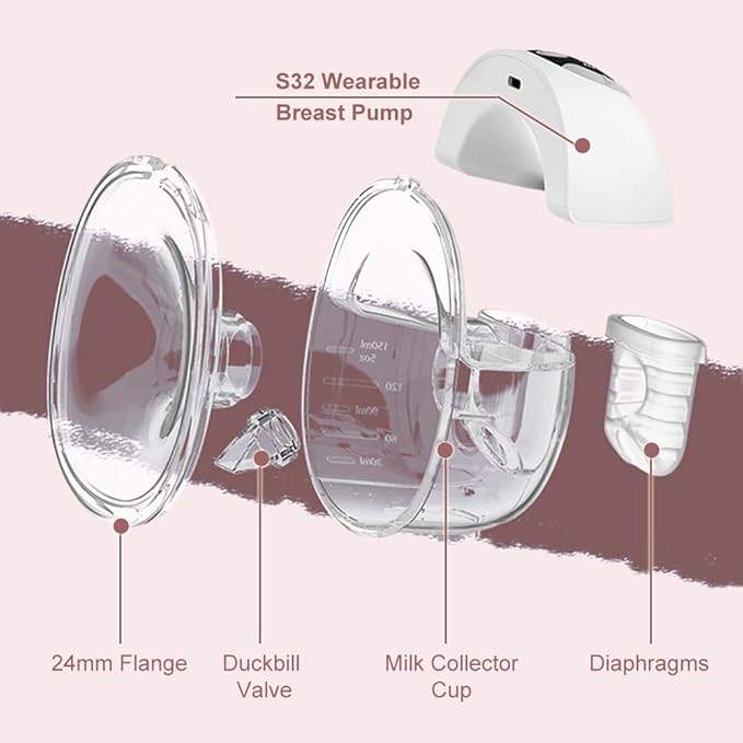 Two Full Sets Breast Pump Parts with 24mm Flange Compatible with Lansinoh Discreet Duo/NCVI/Nuliie/NICEGREEN Life/Zooawa S32 Breast Pump Replacement Parts,S32 Pump Parts,Extra Duckbill Valve&Diaphragm