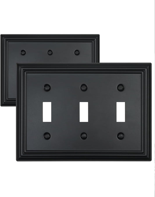 2-Pack Triple Toggle Wall Plates, Black Light Switch Covers, Decorative Switch Plate Covers, Durable Metal, 6.77''*4.88'', Midsize