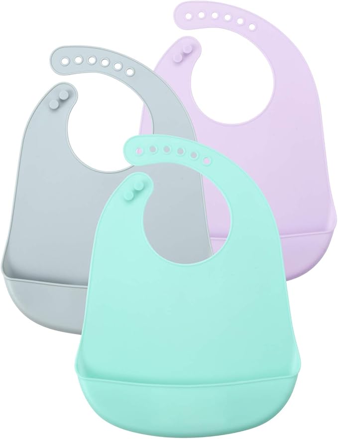 PandaEar 3 Pack Waterproof Silicone Baby Bibs| Super Thin Light Weight Feeding Bib with Food Catcher Pocket for Toddler